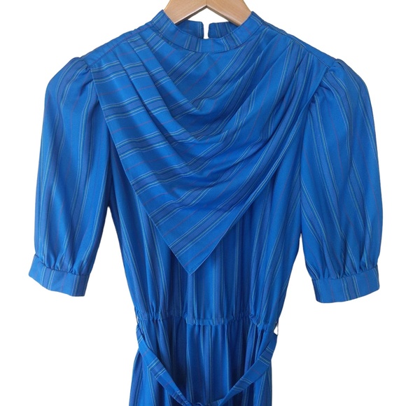 Vintage Teal Blue Striped Ruffle Neck 3/4 Sleeve Midi Dress - Picture 10 of 13